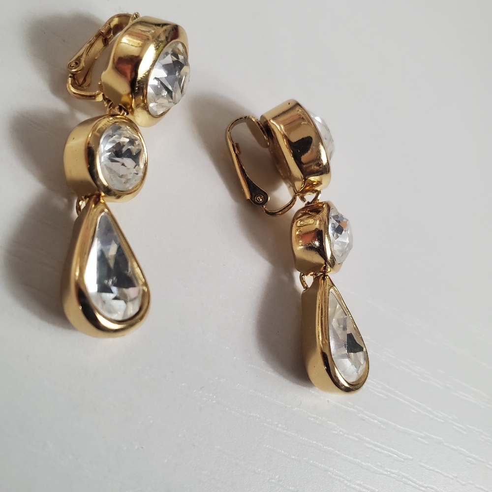 Vintage Christian Dior Water Tear Drop Gold Crystal Clip Earrings EUC - Picture 6 of 9